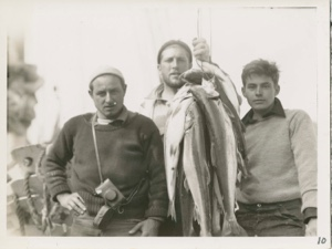 Image of Russ Welsh, Walter Staples, and Wilfred Winters and trout